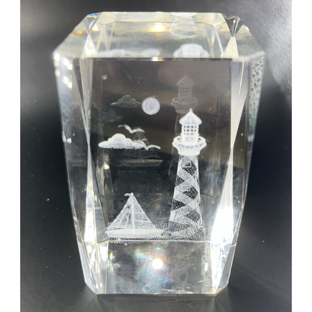 Paperweight Glass Etched Lighthouse Sailboat 3D Laser‎ Etched 3" Nautical Moon